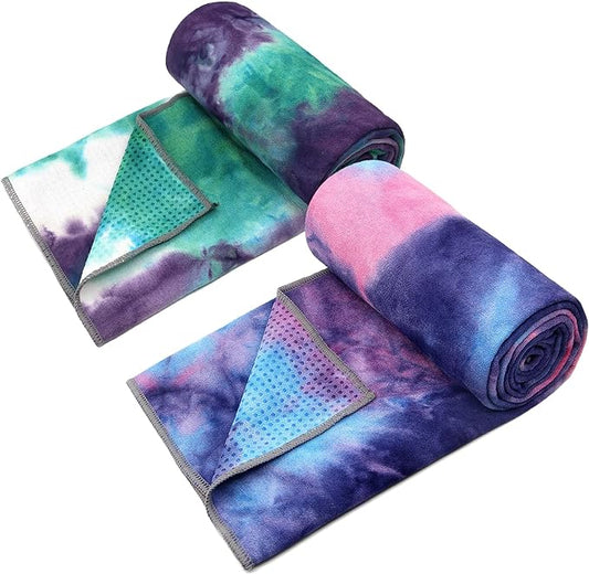 Eunzel 2 Pack Yoga Towel,Hot Yoga Mat Towel with Grip Dots Sweat Absorbent Non-Slip for Hot Yoga, Pilates and Workout 24" x72，Purple & Blue/Green & Purple (2 Pack)-GravixFit