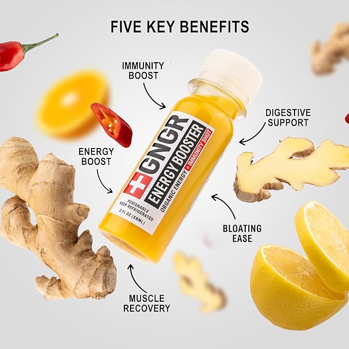 '+GNGR Energy Booster & Immunity Shot, Cold-Pressed Ginger Shots with Lions Mane, 75mg of Natural Caffeine Green Tea, Turmeric Root, Vitamin D & Zinc for All Natural Immune Support (2 Oz, Pack of 12)-GravixFit