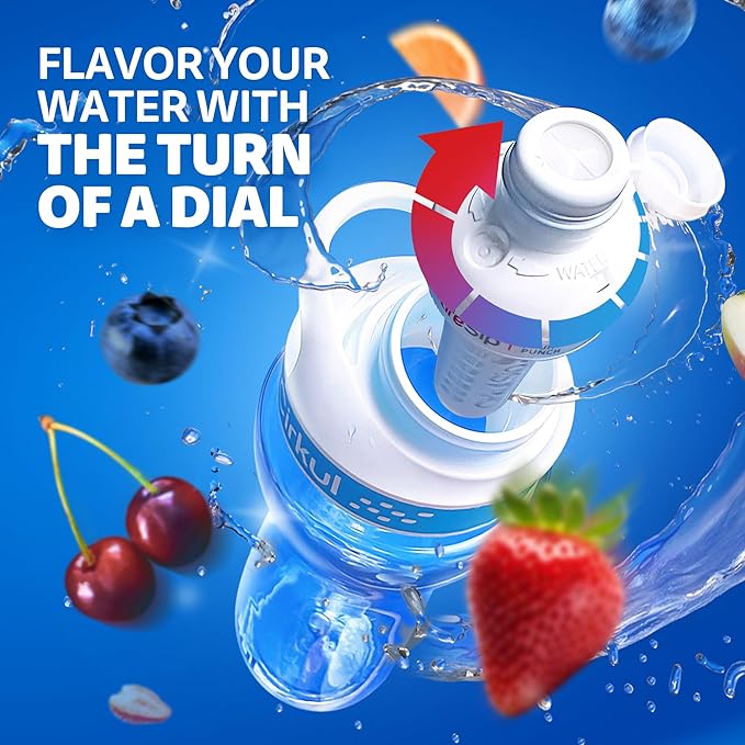 Cirkul 12oz. BPA-Free Plastic Water Bottle Starter Kit for Kids with Blue Lid, 2 Flavor Cartridges (1 LifeSip Fruit Punch, 1 FitSip Mixed Berry), No Sugar, Zero Calorie Drink Mix-GravixFit