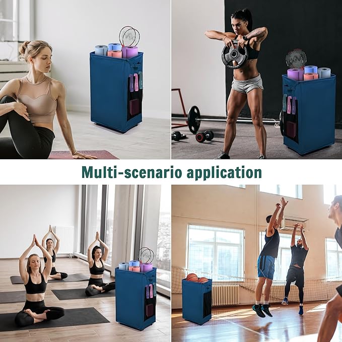 Yoga Mat Storage Racks, Home Gym Storage Rack with Wheels, Yoga Mat Holder Side 2 Mesh Pockets, Yoga Storage Basket Holds 4 Yoga Mats, 2 Foam Rollers, 6 Resistance Bands-GravixFit