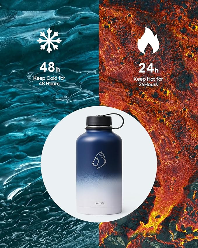 BUZIO Vacuum Insulated Stainless Steel Water Bottle 64oz (Cold for 48 Hrs/Hot for 24 Hrs) BPA Free Double Wall Travel Mug/Flask for Outdoor Sports Hiking, Cycling, Cam,Camping, Running, Tuxedo-GravixFit