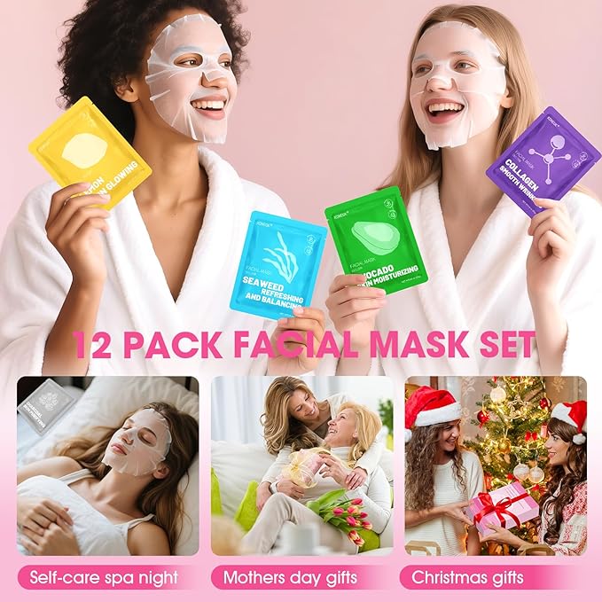 12 Pack Collagen Hydrating Face Masks Skincare, Sheet Face Mask for All Skin Types, Facial Masks Set for Women Skin Care, Face Mask Bulk Spa Gifts for Women-GravixFit