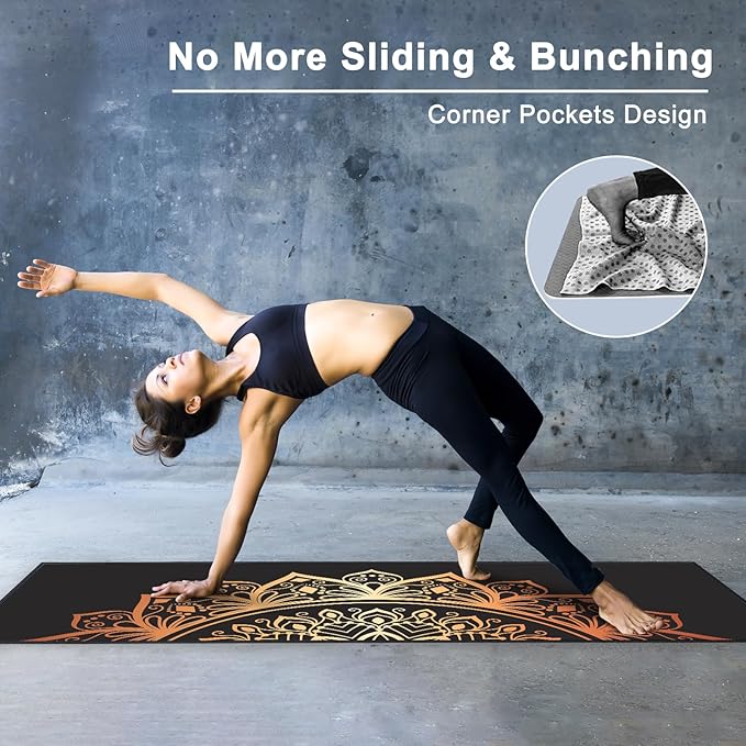 QiyI Yoga Mat Towel with Corner Pockets, Non Slip Sweat Absorbent Hot Yoga Towels, Soft Yoga Blankets with Travel Bag, Skidless Mat Cover for Workout, Gym, Fitness - 70"x26", Luxury Golden Mandala-GravixFit