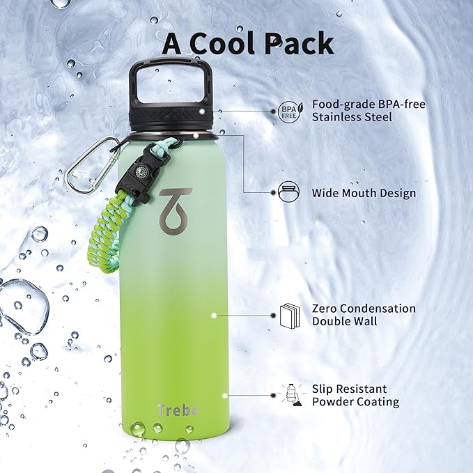 Trebo 40oz Water Bottle Insulated with Lid and Straw,Double Wall Vacuum Stainless Steel Metal Sports Flask with Paracord Handle, Keep Hot 24 Hours & Cold 48 Hours Water Jug with 3 Lids, Dark Green-GravixFit