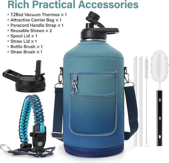 1 Gallon Water Bottle Insulated | Thickened Stainless Steel Vacuum Metal Water Jug | Portable Sports Large for Gym and Hiking with Straw, Carrier Bag, Handle Strap | BPA-Free 128 oz-GravixFit