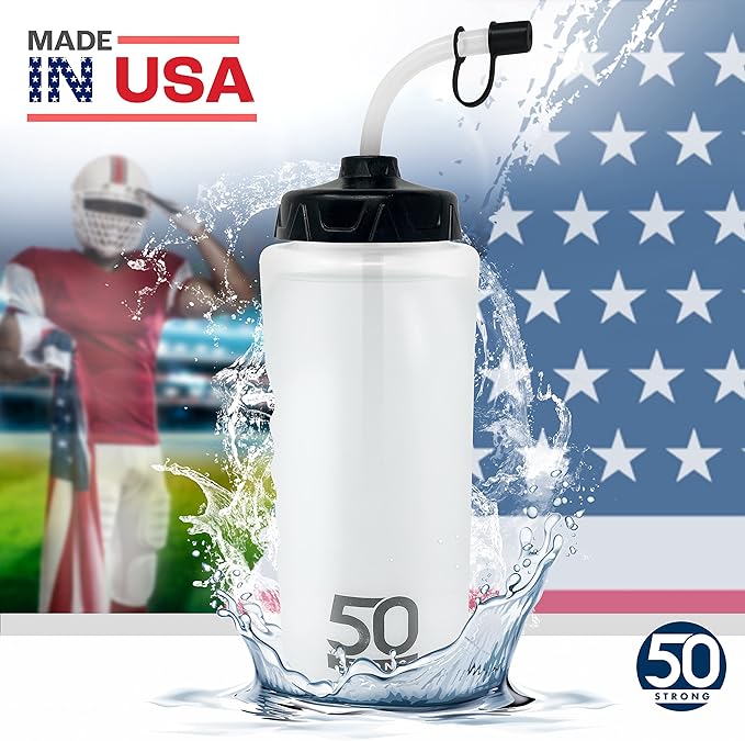 50 Strong 1 Liter BPA-Free Plastic Round Sports Water Bottle with Straw - 6 Pack-GravixFit