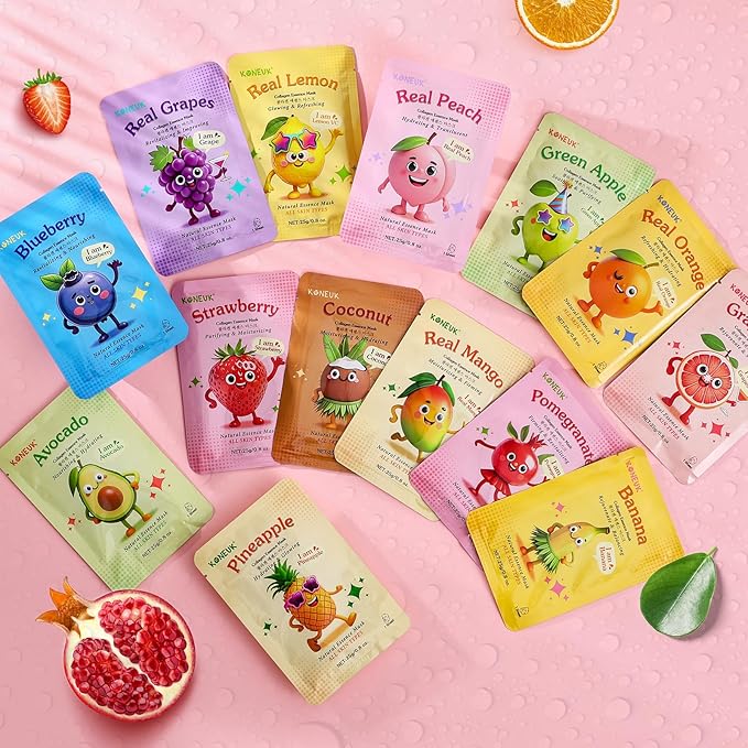 14 Pack Fruit Face Masks Skincare for Kids, Sheet Hydrating Facial Mask for All Skin Types, Bulk Collagen Face Mask for Women Skin Care, Birthday Party Spa Gifts for Teens Girls-GravixFit