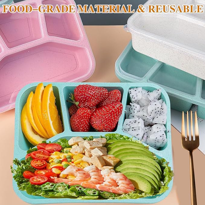 15 PCS Bento Box, 4 Compartment Bento Box Adult Set, Wheat Straw Bento Lunch Box, Reusable Lunch Snack Box, Microwave, Dishwasher and Freezer Safe Meal Prep Containers for Work, School and Travel-GravixFit
