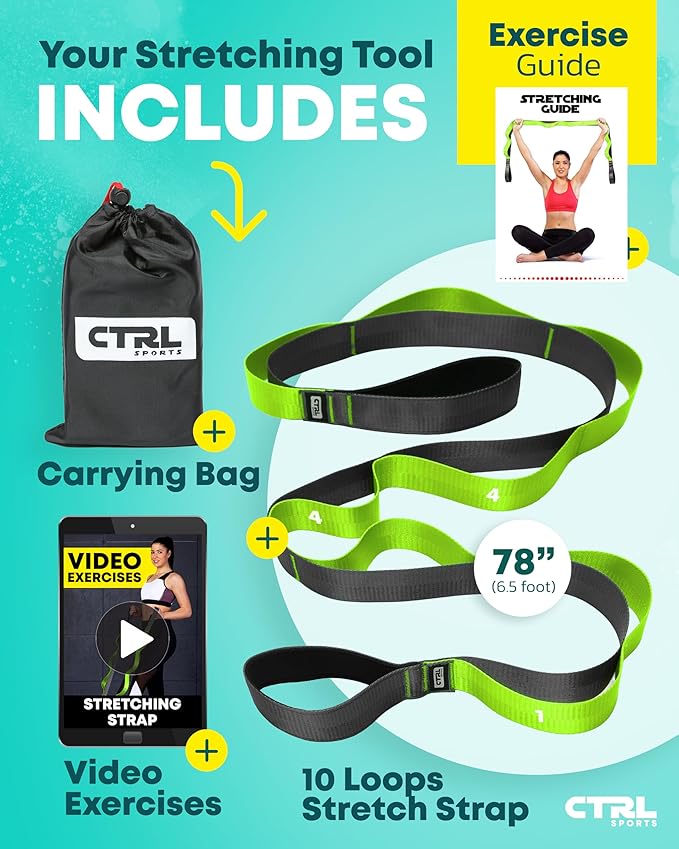 Stretching Strap with Loops - Non Elastic Stretch Band for Physical Therapy, Yoga Strap for Stretching Equipment, Stretch Bands for Exercise and Flexibility - Fascia, Hamstring & Leg Stretcher Belt-GravixFit