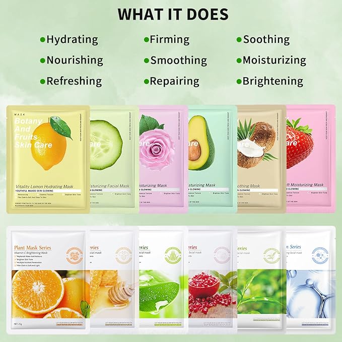 12 Pack Face Masks Skincare, Hydrating Face Masks for Women Skin Care Sheet Face Mask for Kids Teens Girls, Face Sheet Mask for All Skin Types, Skincare Set Gift Spa Party Favors for Girls Teens Women-GravixFit