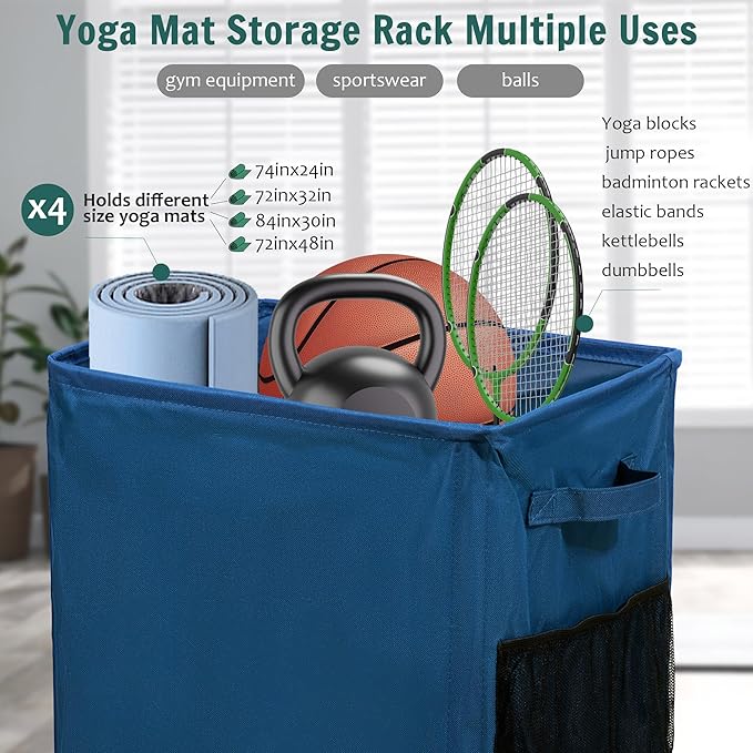 Yoga Mat Storage Racks, Home Gym Storage Rack with Wheels, Yoga Mat Holder Side 2 Mesh Pockets, Yoga Storage Basket Holds 4 Yoga Mats, 2 Foam Rollers, 6 Resistance Bands-GravixFit