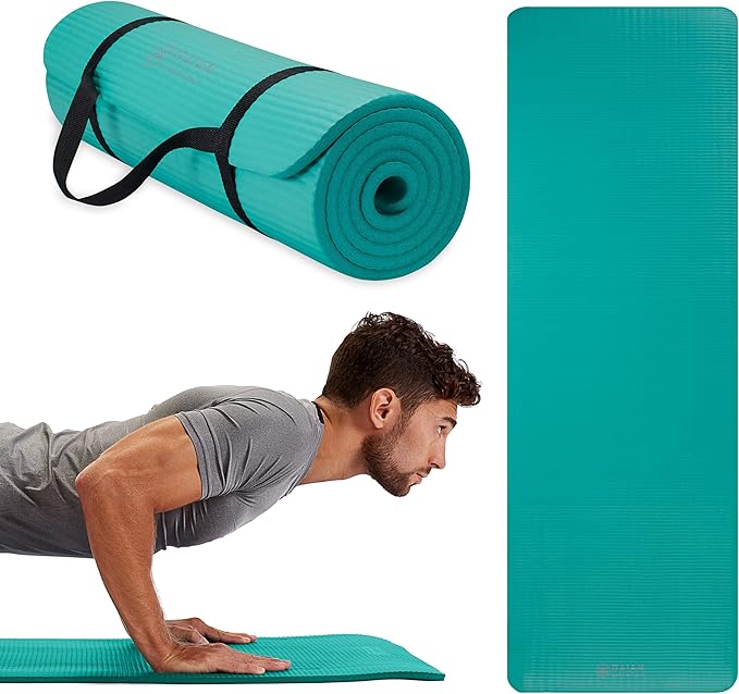 Gaiam Essentials Thick Yoga Mat Fitness & Exercise Mat with Easy-Cinch Yoga Mat Carrier Strap, 72"L x 24"W x 2/5 Inch Thick-GravixFit