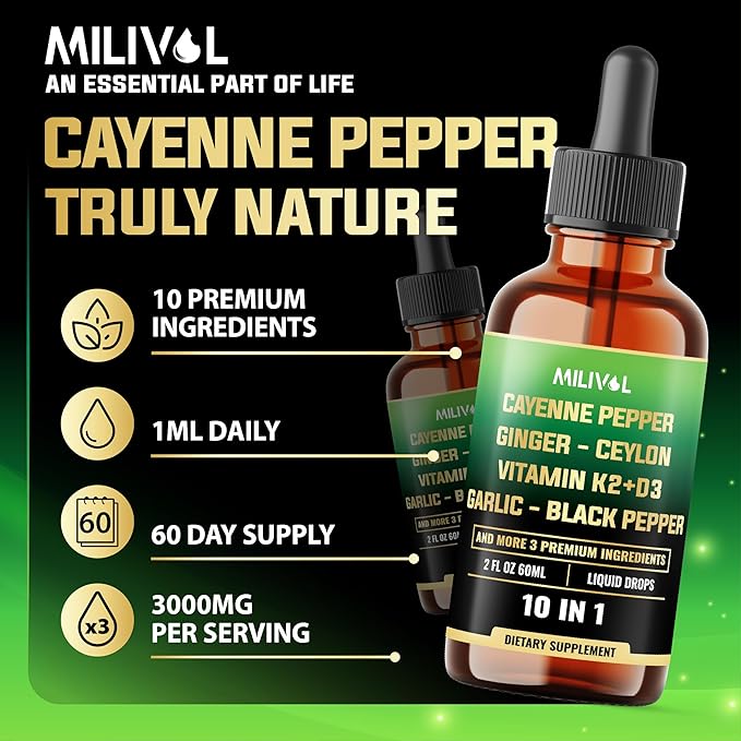 10in1 Cayenne Pepper Liquid Drops + Ginger, Ceylon Cinnamon, Vitamin D3, Vitamin K2, Garlic, Black Pepper and More - Digestion Support - 2 Fl Oz - 2 Months Supply-GravixFit