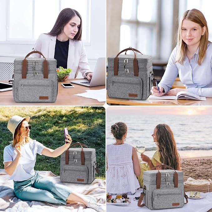 Maelstrom 23L Insulated Lunch Box For Men Women,Expandable Double Deck Lunch Cooler Bag,Lightweight Leakproof Tote Bag With Side Tissue Pocket,Gray-GravixFit