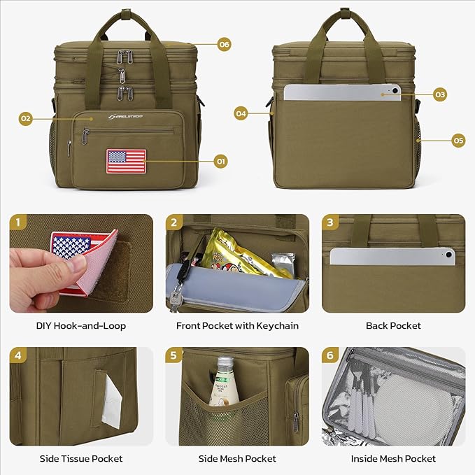 Maelstrom Tactical Lunch Box for Men, 23L Insulated Lunch Bag, Expandable Double Deck Cooler Bag, Lightweight Leakproof Tote Bag With Side Tissue Pocket, Suit For Men and Women, Khaki-GravixFit