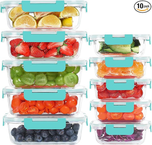 10 Pack Glass Food Storage Containers, Meal Prep Containers with Lids, Airtight Glass Lunch Boxes, Freezer, Oven, and Microwave Safe, Green-GravixFit