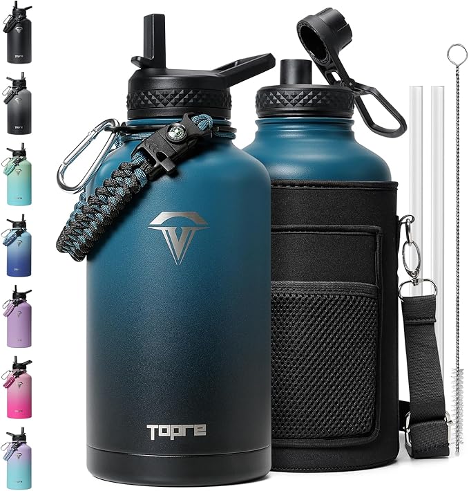 64 oz Insulated Water Bottle,Half Gallon Water Flask Stainless Steel Vacuum, Cold for 48 Hrs,BPA-Free & Leakproof -with Paracord Handle, Strap,Straw Spout Lids,Large Jug for Gym,Indigo Black-GravixFit