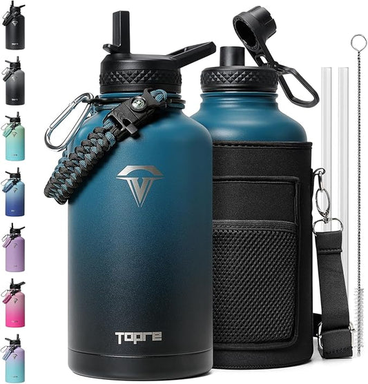 64 oz Insulated Water Bottle,Half Gallon Water Flask Stainless Steel Vacuum, Cold for 48 Hrs,BPA-Free & Leakproof -with Paracord Handle, Strap,Straw Spout Lids,Large Jug for Gym,Indigo Black-GravixFit