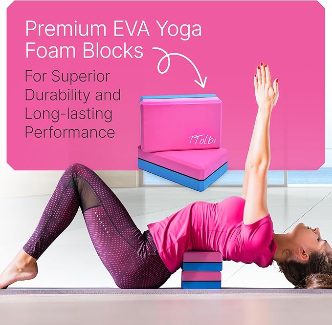 Yoga Blocks 2 Pack Set with Dance Stretch Band & Guide: Non-Slip EVA Foam Block - Ideal Stretching Equipment for Home Workouts, Pilates, Dance, Ballet, Gymnastics, Exercise - Stretch Strap Stuff Props-GravixFit
