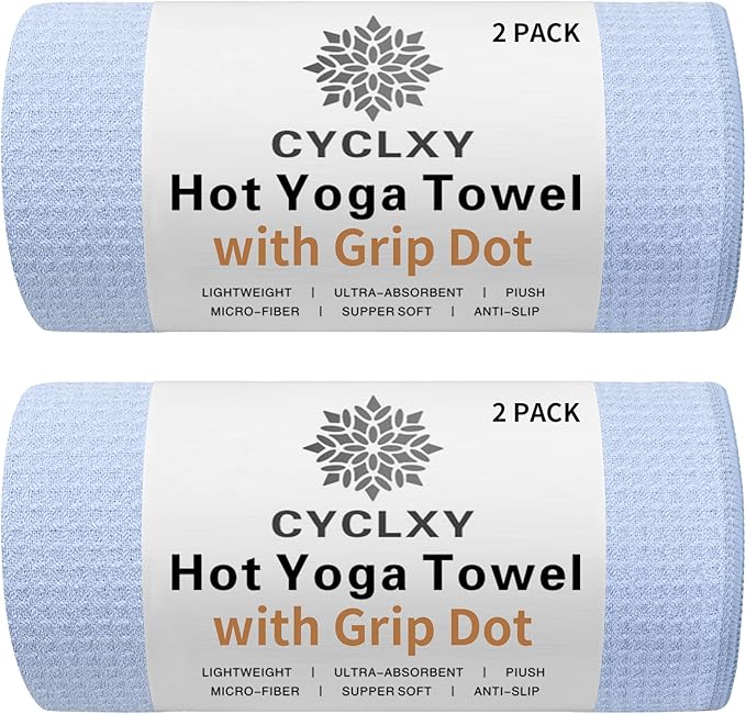 2 Pack Hot Yoga Towel with Grip Dot，Stickyfiber Yoga Mat Towels Non Slip for Hot Yoga,Absorbent Microfiber Sweat Anti-Slip Cover,Bikram,Pilates,Exercise,Fitness-GravixFit