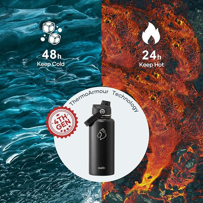 BUZIO Stainless Steel Water Bottle (Cold for 48 Hrs, Hot for 24 Hrs), 32 oz Vacuum Insulated Water Bottle with Straw Lid and Flex Cap (Double Wall, Wide Mouth, BPA Free, Leak Proof), Black-GravixFit