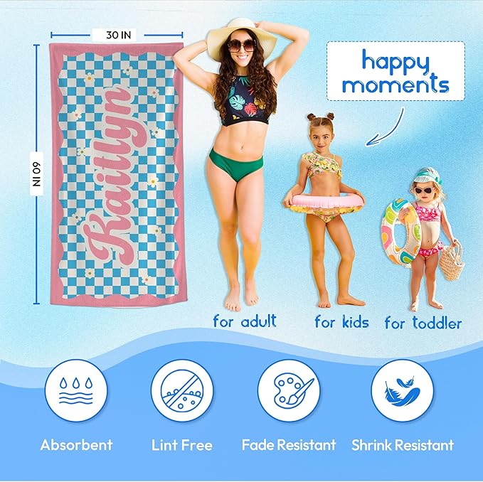 JML Personalized Beach Towel with Name, Custom Flower Beach Towel, Customized Microfiber Pool Towel, Quick Dry & Absorbent Swim Towel for Adult,Mother's Day, Birthday, Summer Holiday,Vacation-GravixFit