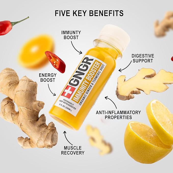 '+GNGR Immunity Sampler Organic Ginger Wellness Shots - Premium Ginger Shots for All Natural Digestive Support and Immune Support - Cold Pressed Ginger Juice - Nothing Artificial (2 Oz, Pack of 12)-GravixFit