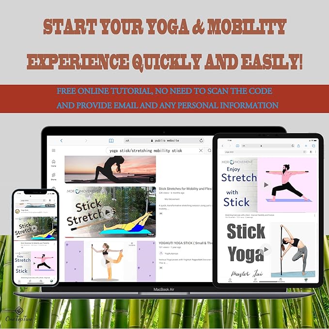 5ft Yoga Stick from Natural Bamboo with Non-Slip Handle-Stretching Stick for Mobility, Flexibility,Exercise,Workout, Physical Therapy,Pilates,Balance Fitness-Access Online Video Guide Without Any Info-GravixFit