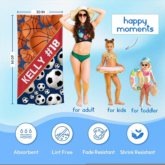 Personalized Beach Towel With Name, Custom Beach Towel with Text, Customized Basketball Football Microfiber Pool Towel, Quick Dry & Absorbent Swim Towel for Adult,Anniversary, Birthday, Summer Holiday-GravixFit