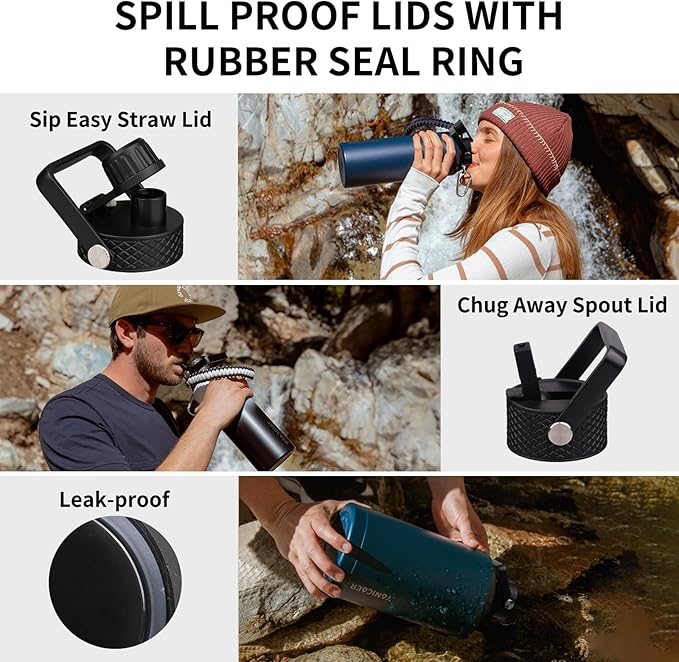 Insulated Water Bottle 64oz,Triple Wall Vacuum Stainless Steel(Dishwasher Safe),Leak Proof & Non-BPA,Flask Jug with Paracord Handle & Straw Spout Lids Sports-GravixFit