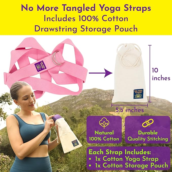 Adaptive Yoga Strap, Stretching Strap, 2 Inches Wide, 100% Naturally Soft Cotton, Steel D-Rings, Includes Natural Cotton Drawstring Storage Pouch and Instructional E-Book-GravixFit