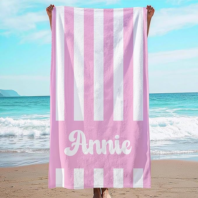 JML Personalized Beach Towel with Name, Custom Cabana Stripe Beach Towel, Customized Microfiber Pool Towel, Quick Dry & Absorbent Swim Towel for Adult,Mother's Day, Birthday, Summer Holiday,Vacation-GravixFit