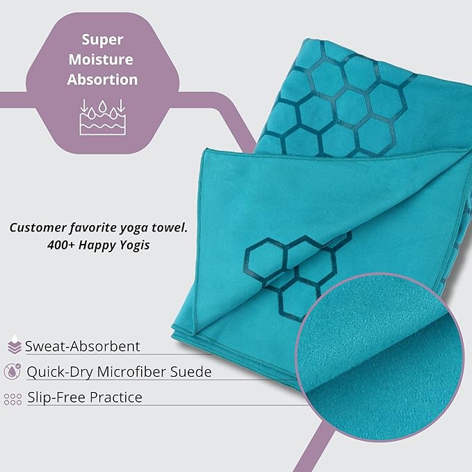 Clever Yoga Non-Slip Hot Yoga Towel – Non-Slip Grip for Hot Yoga, Sweat Absorbent, Honeycomb Silicone Grip, Stays Flat – Ideal for Pilates, Travel, Washable & Lightweight - Turquoise-GravixFit