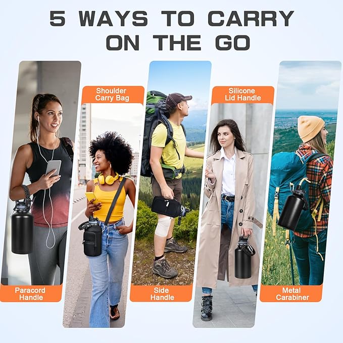 Insulated Water Bottle 64 oz, Half Gallon Water Jug Cold 48H, BPA Free Stainless Steel Bottles with Straw/Chug 2-in-1 Lid, Bag, Paracord Handle, Silicone Boot, Sports Gym School Metal Flask-GravixFit