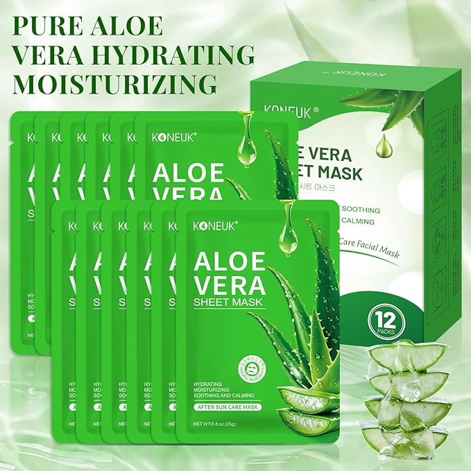 12 Pack Aloe Vera Face Masks Skincare, Sheet Aloe Hydrating Face Mask for Sunburn Relief and After Sun Care, Bulk Aloe Vera Face Mask for Spa Party Gifts-GravixFit