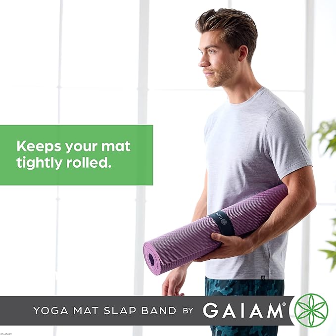 Gaiam Yoga Mat Strap Slap Band - Keeps Your Mat Tightly Rolled and Secure with One Snap - Strong Clasp for Yoga Mat Storage and Travel - Fits Most Size Mats (20"L x 1.5"W), Black-GravixFit