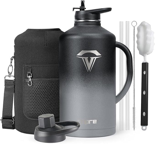 128 oz Insulated Water Bottle with Straw and Lid, One Gallon Stainless Steel Cup with Handle,Leakproof Metal Travel Jug Flask Mug Tumbler Cup With Carry Pouch and Brush,Keep Cold & Hot,Grey-GravixFit