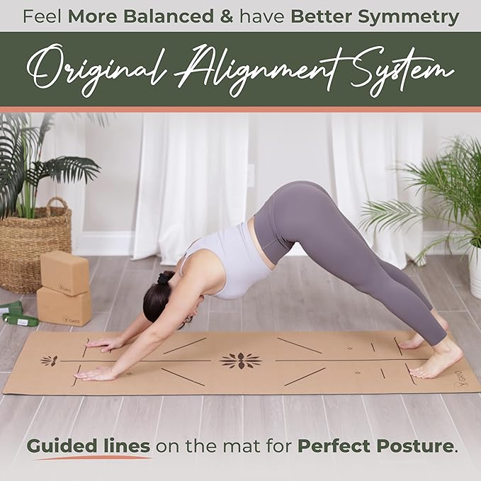 Premium Yoga Cork Mat | 5mm Thick Natural Tree Rubber Base and Bigger Mat for Extra Support, Alignment lines for Guidance | Non-Slip, Natural & Eco-friendly, Your Ultimate Eco-Friendly Yoga Companion-GravixFit