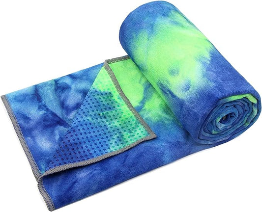 Eunzel Yoga Towel,Hot Yoga Mat Towel with Grip Dots Sweat Absorbent Non-Slip for Hot Yoga, Pilates and Workout 24" x72", Green & Blue-GravixFit