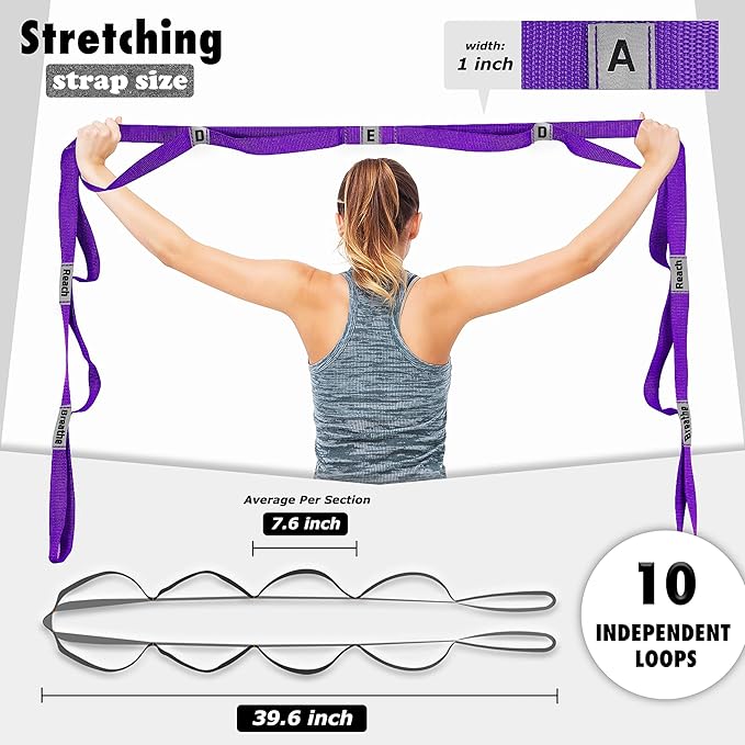 Stretching Strap Yoga Strap with 10 Loops, Non-Elastic Stretch Band for Physical Therapy, Flexibility, Exercise, Pilates, Dance & Gymnastics Workout-GravixFit