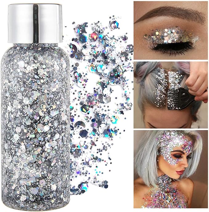 MAEPEOR Chunky Face Body Glitter Gel 19 Colors Mermaid Sequins Holographic Body Glitter Gel Long-Lasting Festival Makeup Glitter Paint for Face Body Hair Nails (30g, 01 Silver)-GravixFit