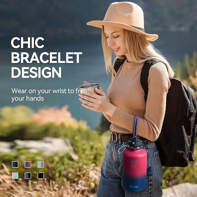 Trebo Insulated Water Bottle 64 oz, Half Gallon Metal Vacuum Water Jug with Paracord Handle and 3 Lids, Leakproof BPA-Free Flask for Gym Sports Hiking Travel, Keep Cold 48 Hours, Ruby Red-GravixFit