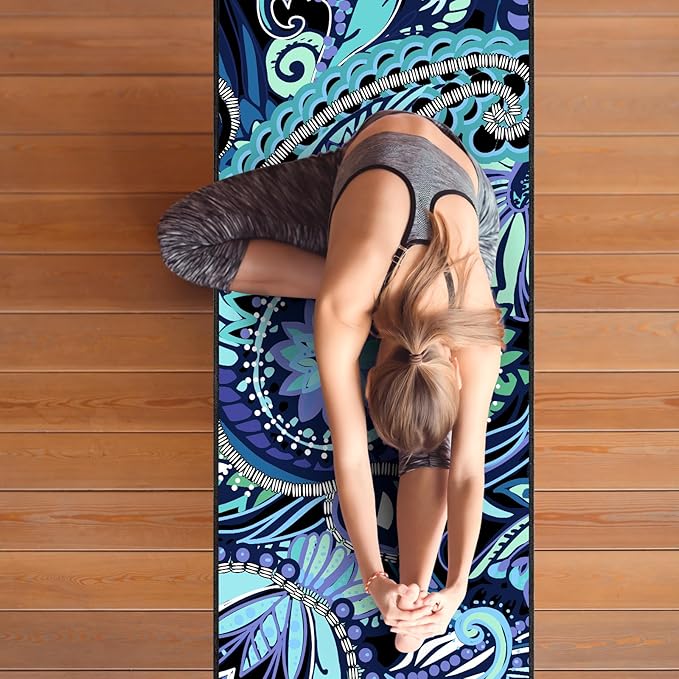 QiyI Yoga Mat Towel with Corner Pockets, Non Slip Sweat Absorbent Hot Yoga Towels, Soft Yoga Blankets with Travel Bag, Skidless Mat Cover for Workout, Gym, Fitness - 70"x26", Vintage Paisley-GravixFit
