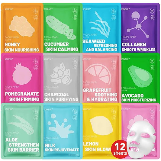 12 Pack Collagen Hydrating Face Masks Skincare, Sheet Face Mask for All Skin Types, Facial Masks Set for Women Skin Care, Face Mask Bulk Spa Gifts for Women-GravixFit