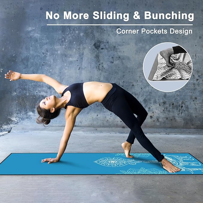 QiyI Yoga Mat Towel with Corner Pockets, Non Slip Sweat Absorbent Hot Yoga Towels, Soft Yoga Blankets with Travel Bag, Skidless Mat Cover for Workout, Gym, Fitness - 70"x26", Blue Mandala Elephant-GravixFit