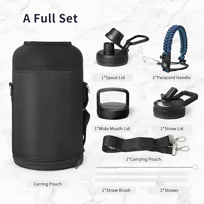 Trebo Insulated Water Bottle 64 oz, Half Gallon Metal Vacuum Water Jug with Handle and 3 Lids, Leakproof BPA-Free Water Flask for Gym Sports Hiking Travel, Keep Cold 48 Hours, Cyan Blue-GravixFit