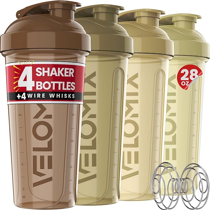 '-4 PACK- 28 oz Protein Shaker Bottle for Protein Mixes - 4x Wire Whisk | Leak Proof Shaker Cups for Protein Shakes | Protein Shaker Bottle Pack | Protein Shake Cup (Brown)-GravixFit