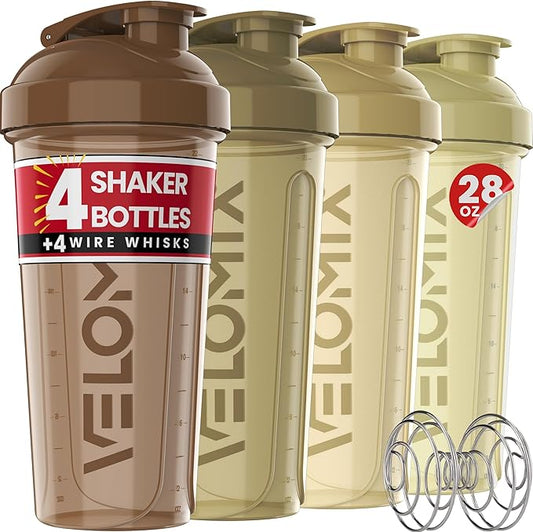 '-4 PACK- 28 oz Protein Shaker Bottle for Protein Mixes - 4x Wire Whisk | Leak Proof Shaker Cups for Protein Shakes | Protein Shaker Bottle Pack | Protein Shake Cup (Brown)-GravixFit