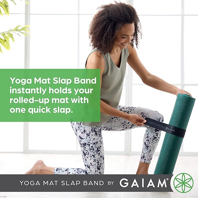 Gaiam Yoga Mat Strap Slap Band - Keeps Your Mat Tightly Rolled and Secure with One Snap - Strong Clasp for Yoga Mat Storage and Travel - Fits Most Size Mats (20"L x 1.5"W), Black-GravixFit