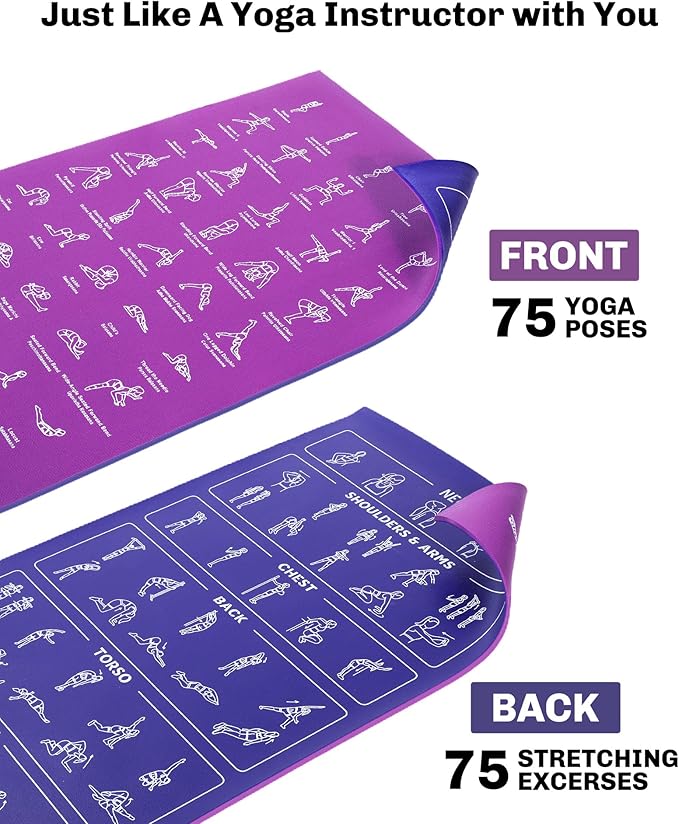 Instructional Travel Yoga Mat with 75 Poses & Exercises - Non-slip Exercise Mat for Home Workout, Includes Carrying Bag - Perfect for Beginners, 68"x24"x0.25"-GravixFit
